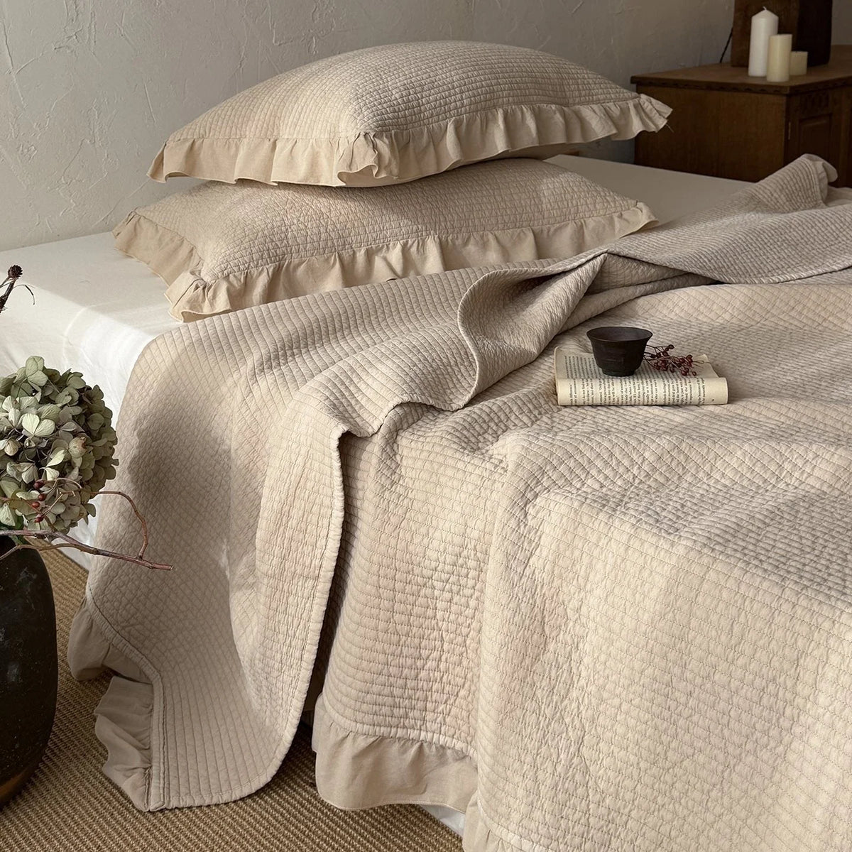 Quilted Bedspread Set Cotton Ruffled Edge