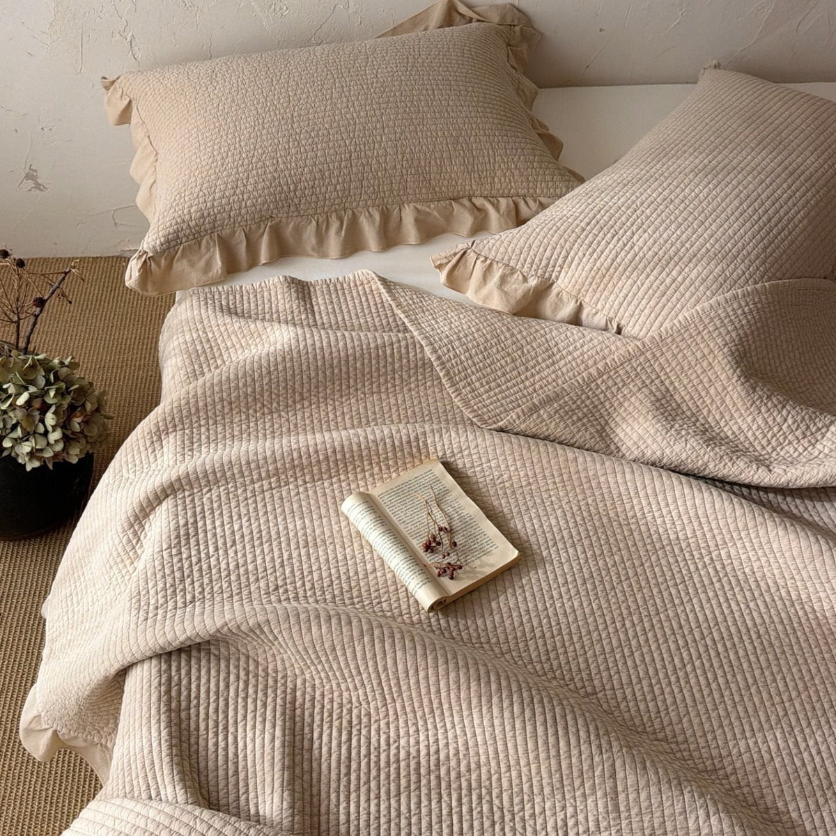 Quilted Bedspread Set Cotton Ruffled Edge