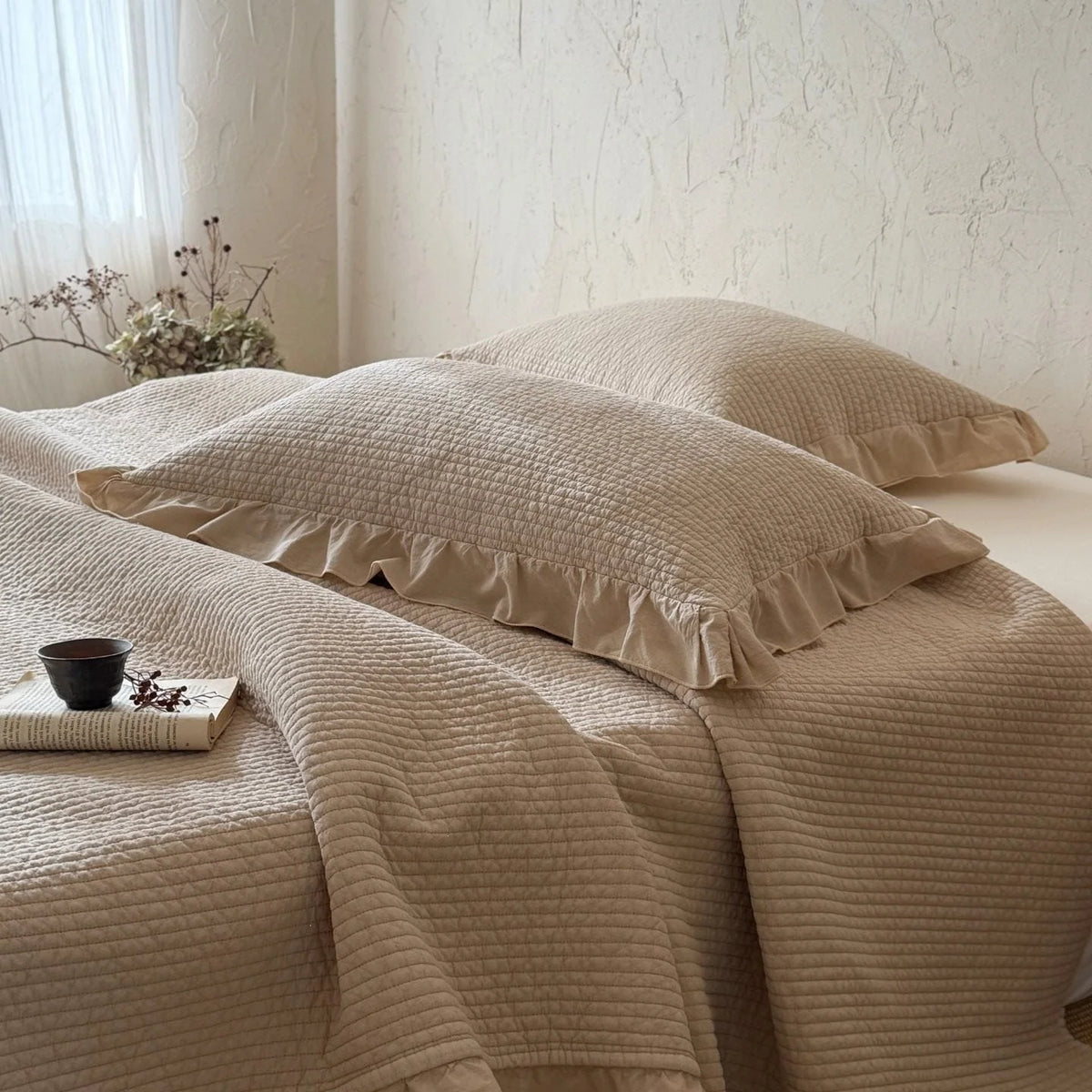 Quilted Bedspread Set Cotton Ruffled Edge