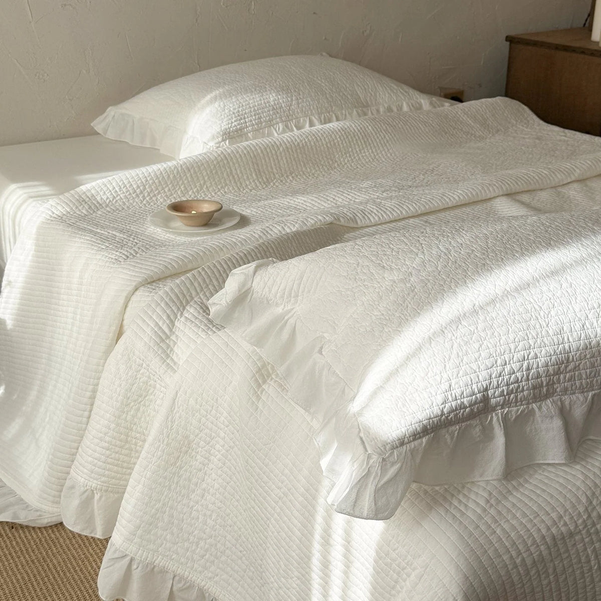 Quilted Bedspread Set Cotton Ruffled Edge