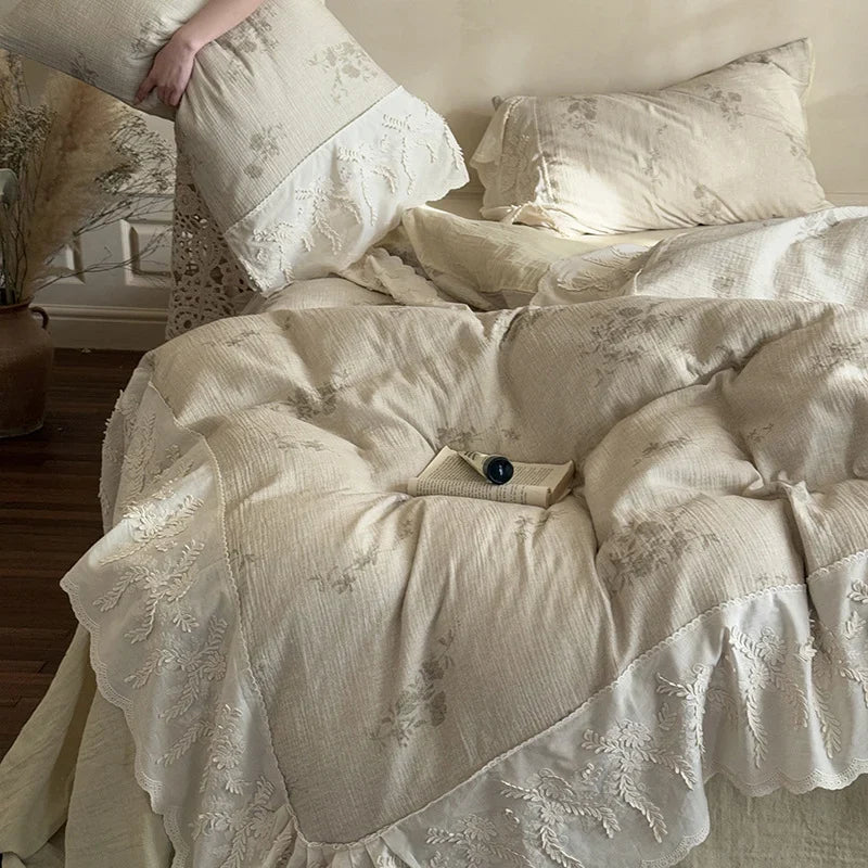 Quilted Bedspread Set Embroidered Floral Ruffle & Breathable Cotton Blend