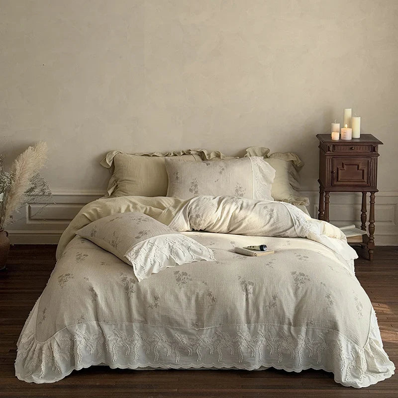 Quilted Bedspread Set Embroidered Floral Ruffle & Breathable Cotton Blend