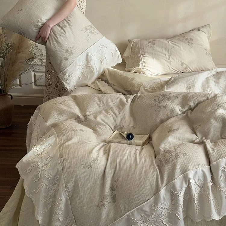 Quilted Bedspread Set Embroidered Floral Ruffle & Breathable Cotton Blend
