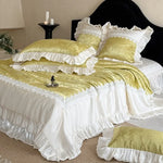 Quilted Bedspread Set Jacquard Satin Ruffles & Lace Machine Washable