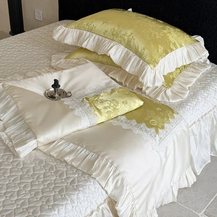 Quilted Bedspread Set Jacquard Satin Ruffles & Lace Machine Washable