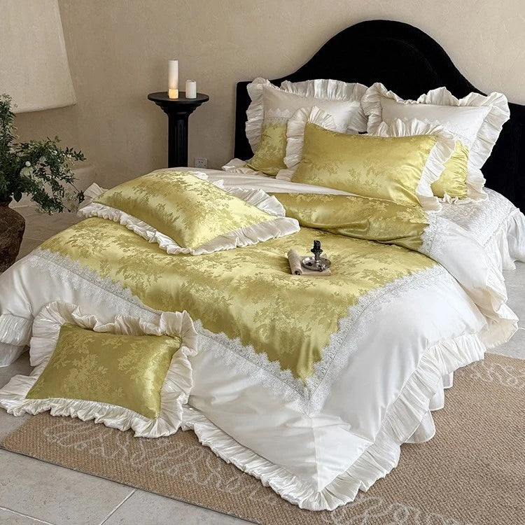 Quilted Bedspread Set Jacquard Satin Ruffles & Lace Machine Washable
