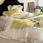 Quilted Bedspread Set Jacquard Satin Ruffles & Lace Machine Washable