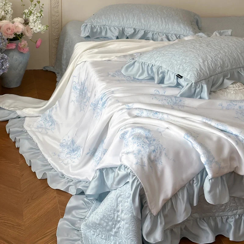 Quilted Bedspread Set Reversible Satin Ruffle Trim Machine Washable