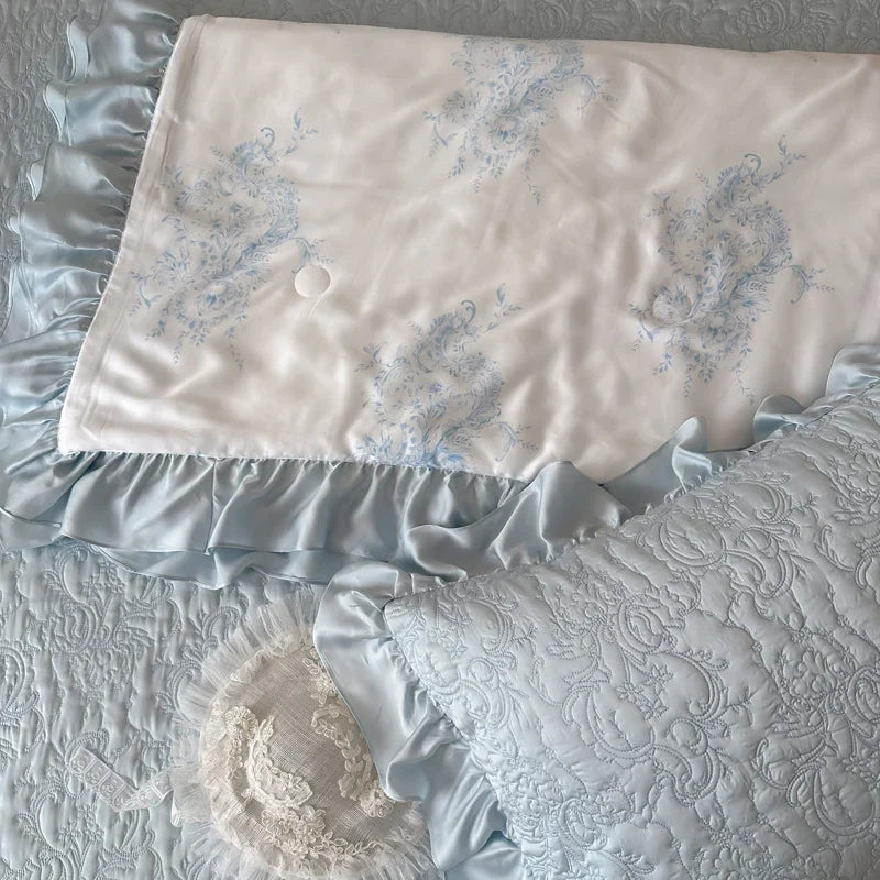 Quilted Bedspread Set Reversible Satin Ruffle Trim Machine Washable