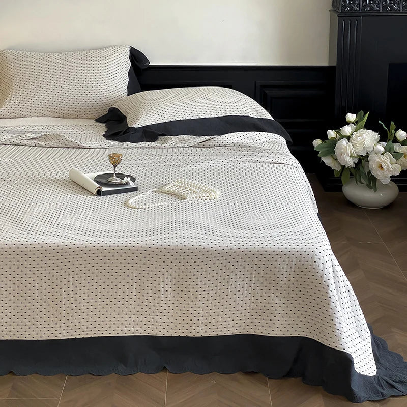 Quilted Bedspread Set Waffle Texture & Ruffle Trim Cotton Blend