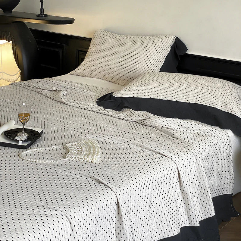 Quilted Bedspread Set Waffle Texture & Ruffle Trim Cotton Blend
