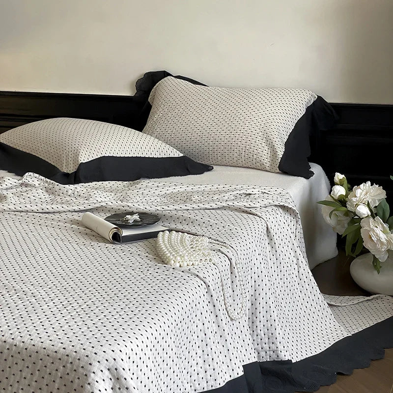 Quilted Bedspread Set Waffle Texture & Ruffle Trim Cotton Blend