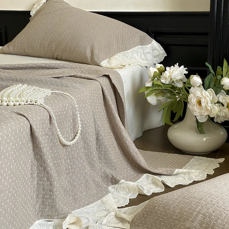 Quilted Bedspread Set Waffle Texture & Ruffle Trim Cotton Blend