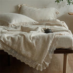 Quilted Bedspread Washed Linen Look Crochet Lace Trim