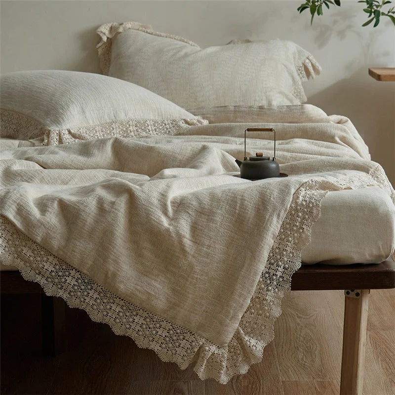 Quilted Bedspread Washed Linen Look Crochet Lace Trim