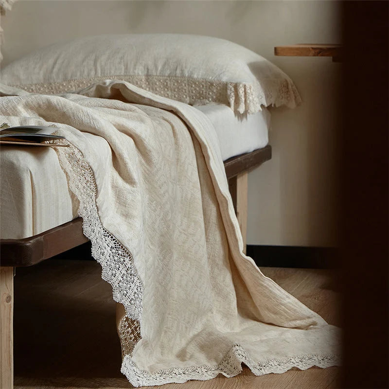 Quilted Bedspread Washed Linen Look Crochet Lace Trim