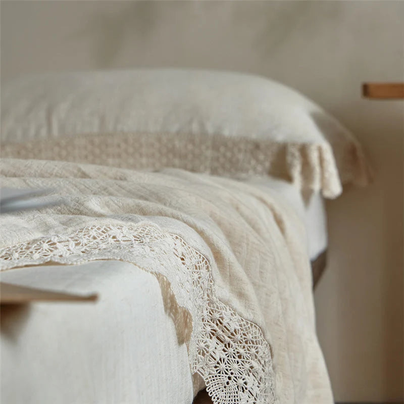 Quilted Bedspread Washed Linen Look Crochet Lace Trim