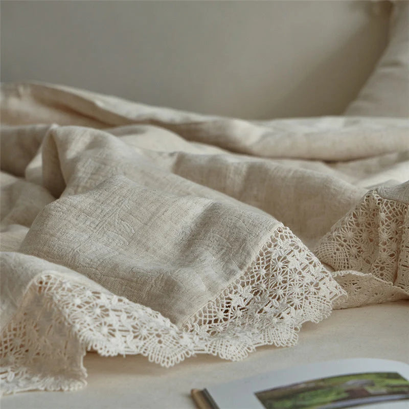 Quilted Bedspread Washed Linen Look Crochet Lace Trim