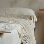 Quilted Bedspread Washed Linen Look Lightweight Crochet Lace Trim