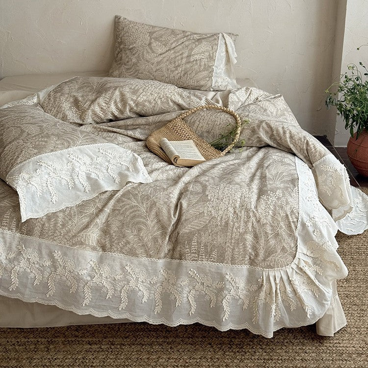 Quilted Duvet Set Botanical Jacquard & Lace Ruffle 4-Piece