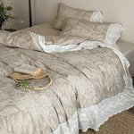 Quilted Duvet Set Botanical Jacquard & Lace Ruffle 4-Piece
