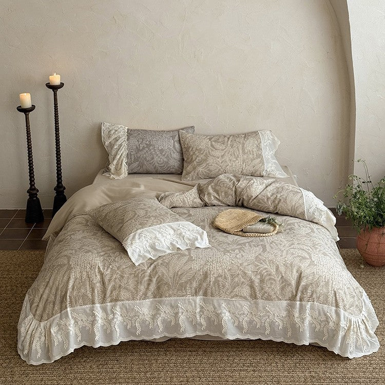 Quilted Duvet Set Botanical Jacquard & Lace Ruffle 4-Piece