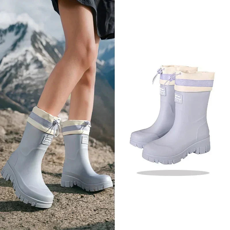 Rain Boots Waterproof Rubber Non-Slip Treaded Sole Retro Design
