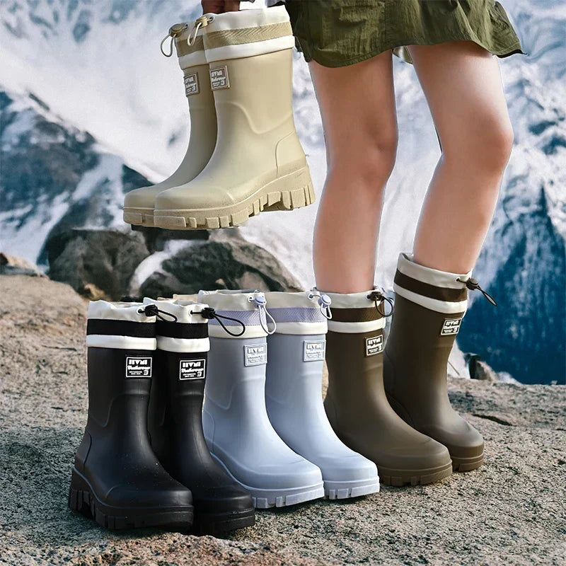 Rain Boots Waterproof Rubber Non-Slip Treaded Sole Retro Design