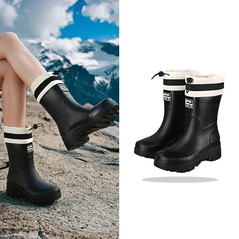 Rain Boots Waterproof Rubber Non-Slip Treaded Sole Retro Design