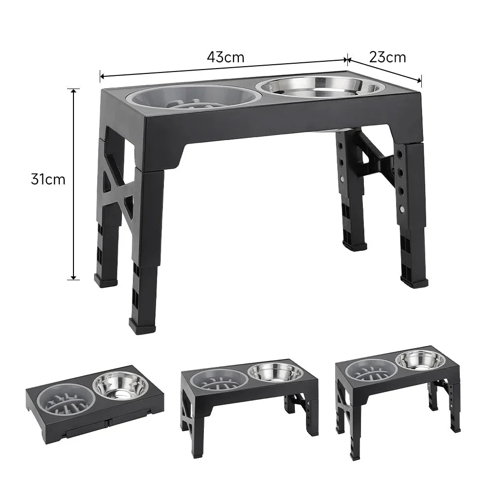 Raised Dog Feeder Adjustable Tilt Stainless Steel & Slow-Feed Bowls