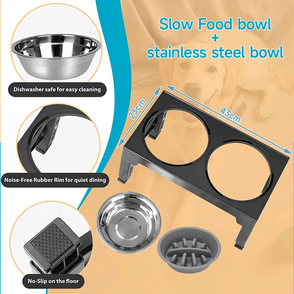 Raised Dog Feeder Adjustable Tilt Stainless Steel & Slow-Feed Bowls