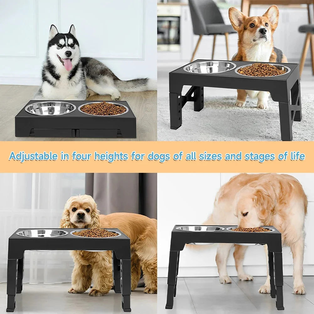 Raised Dog Feeder Adjustable Tilt Stainless Steel & Slow-Feed Bowls