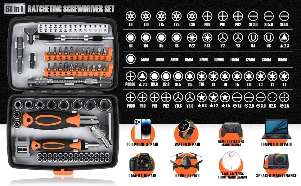 Ratcheting Screwdriver Set 68-Piece Compact Case