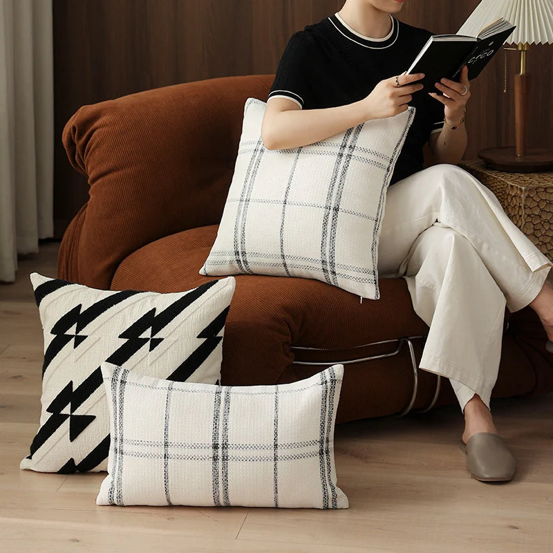 Rectangular Cushion Cover Checkered Woven Hidden Zipper Machine Washable
