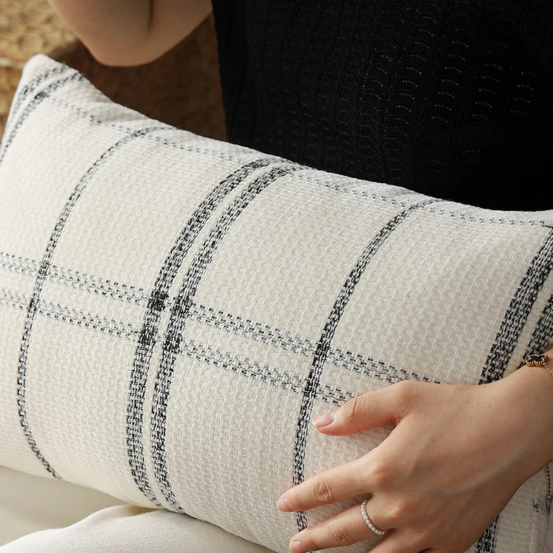 Rectangular Cushion Cover Checkered Woven Hidden Zipper Machine Washable