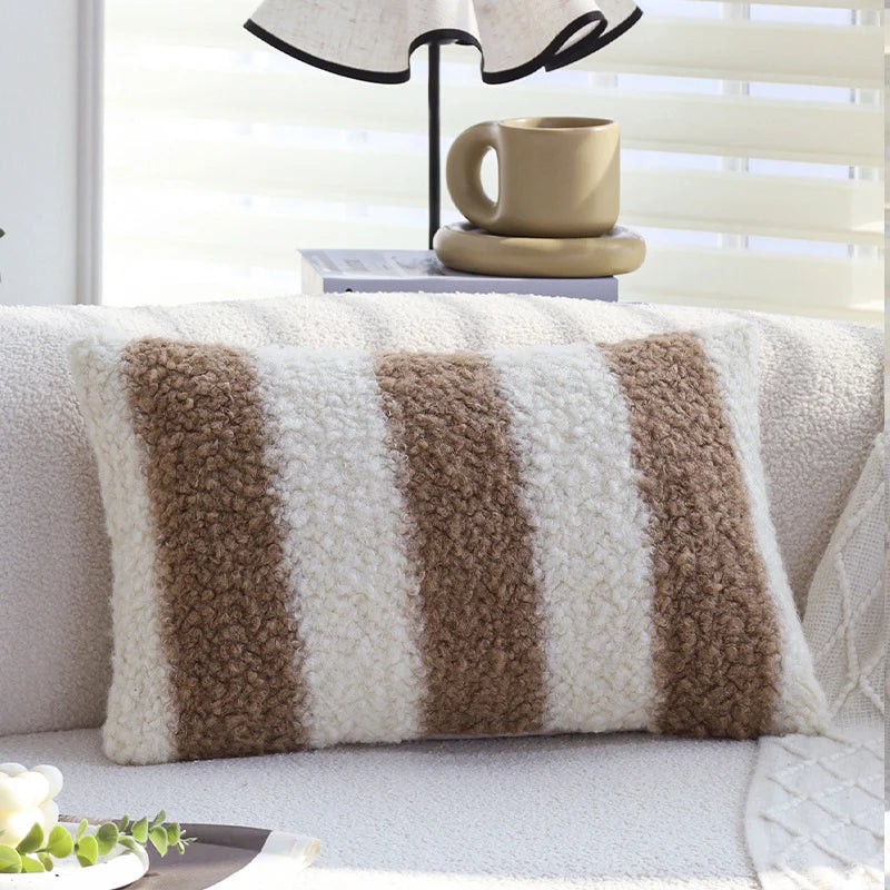 Rectangular Cushion Cover Teddy Fleece Sherpa Stripes Concealed Zipper