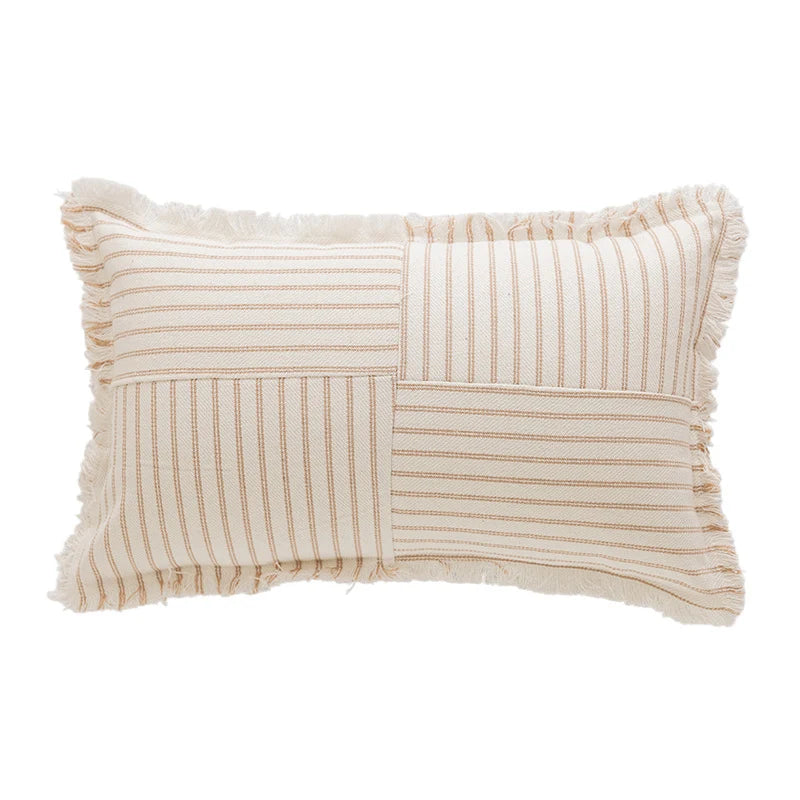 Rectangular Lumbar Pillow Striped Patchwork Woven Fabric & Fringed Trim