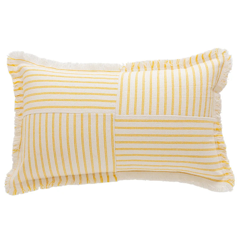 Rectangular Lumbar Pillow Striped Patchwork Woven Fabric & Fringed Trim
