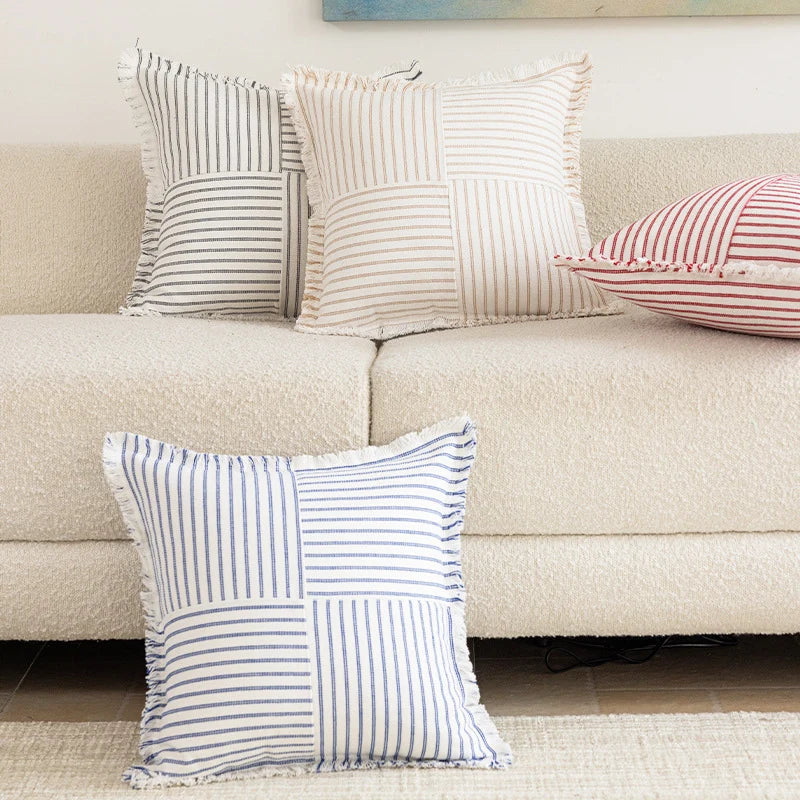 Rectangular Lumbar Pillow Striped Patchwork Woven Fabric & Fringed Trim