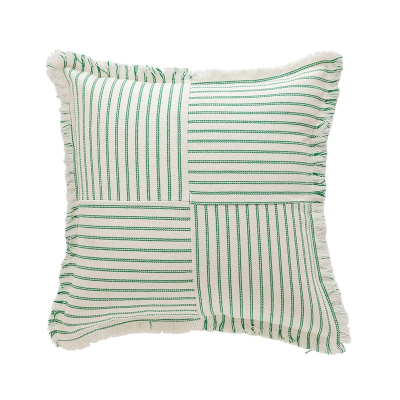 Rectangular Lumbar Pillow Striped Patchwork Woven Fabric & Fringed Trim