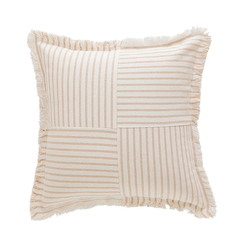 Rectangular Lumbar Pillow Striped Patchwork Woven Fabric & Fringed Trim