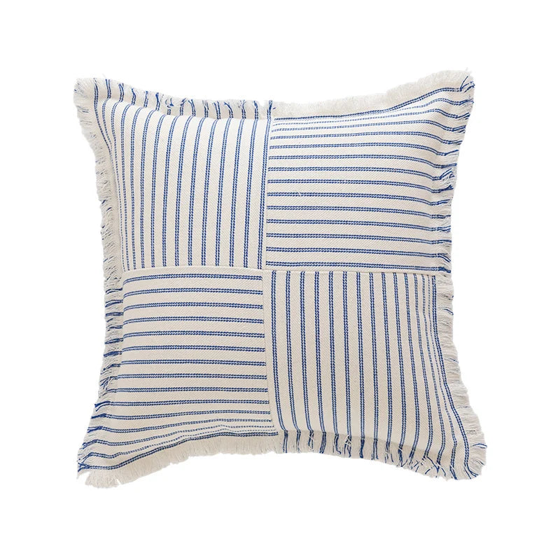 Rectangular Lumbar Pillow Striped Patchwork Woven Fabric & Fringed Trim