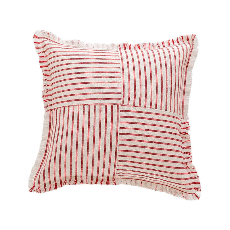 Rectangular Lumbar Pillow Striped Patchwork Woven Fabric & Fringed Trim
