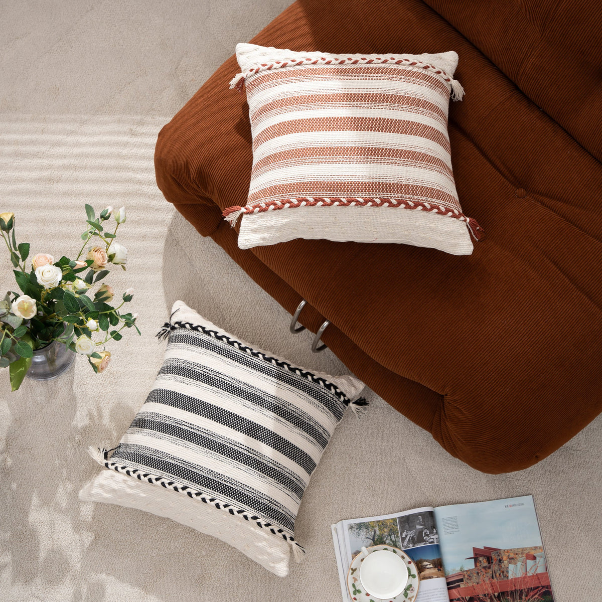 Rectangular Lumbar Pillow Woven Jacquard Hand-Braided Bands & Tassels
