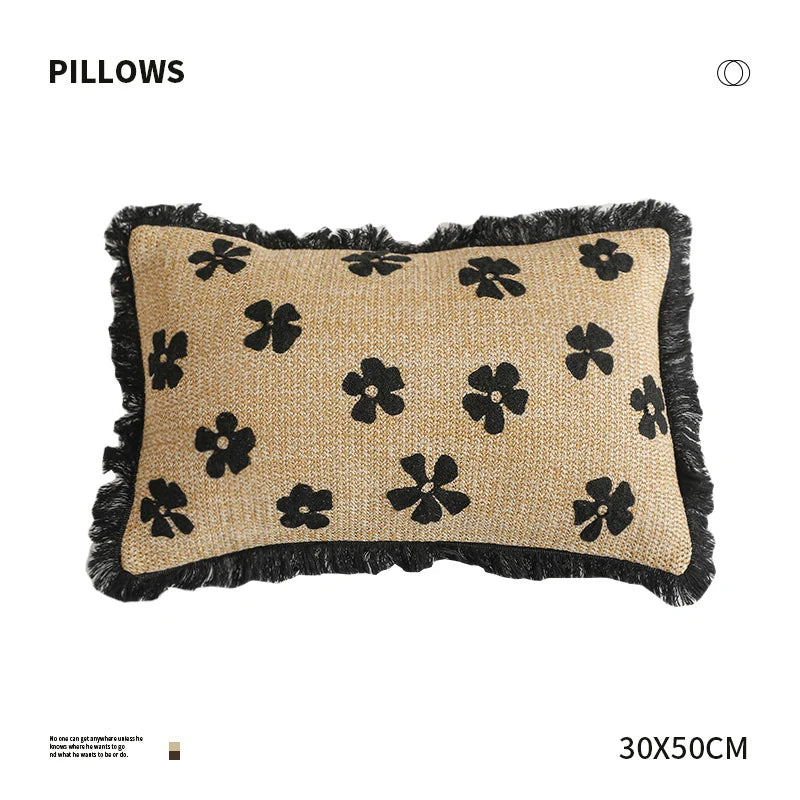 Rectangular Throw Pillow Woven Floral Tuft Fringe Trim