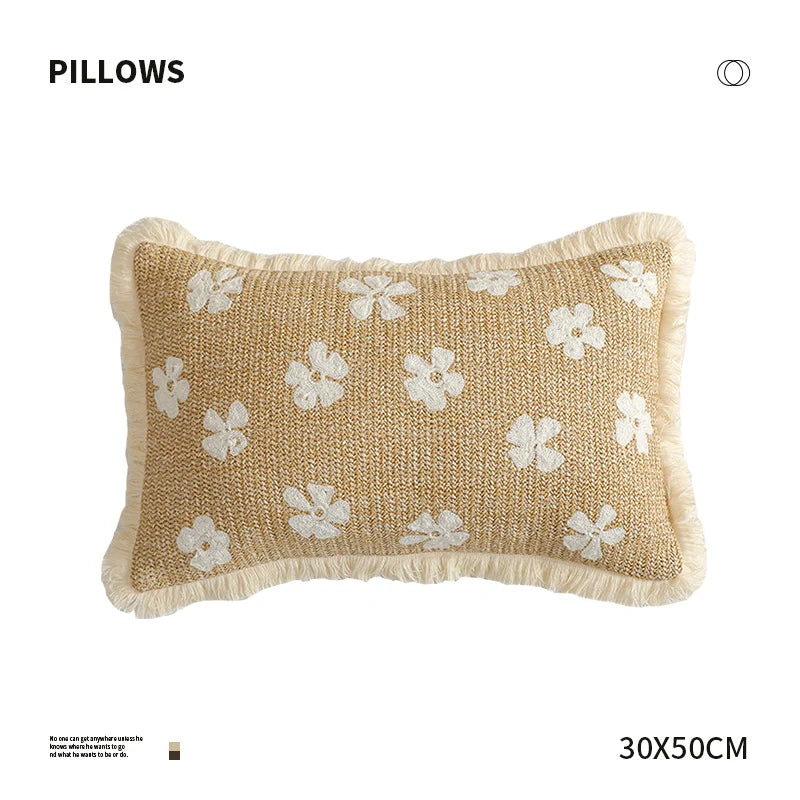 Rectangular Throw Pillow Woven Floral Tuft Fringe Trim