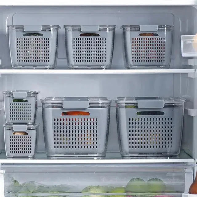 Refrigerator Storage Container Adjustable Dividers Wash & Drain BPA-Free