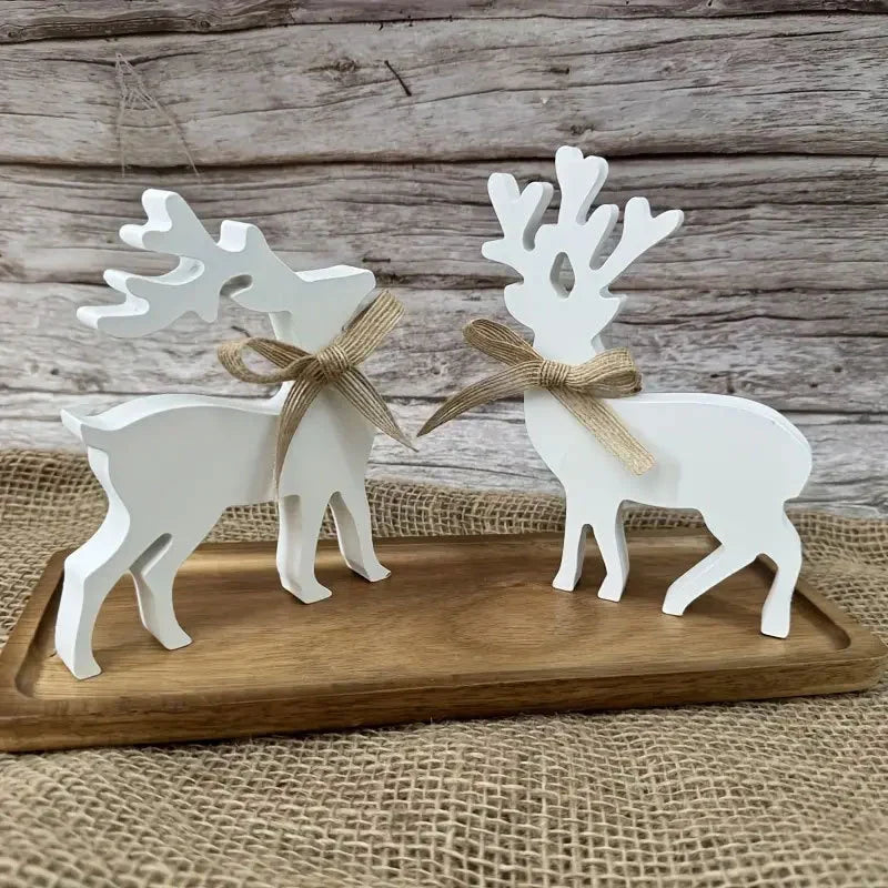 Reindeer Figurines Wooden Carved Textured Finish