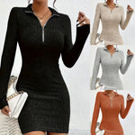 Rib-Knit Dress Bodycon Fit Half-Zip Stand Collar