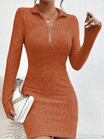 Rib-Knit Dress Bodycon Fit Half-Zip Stand Collar